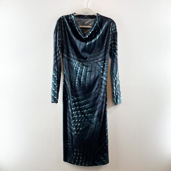 BOSS Hugo Boss Silk Blend Striped Zip Sleeve Cowl Neck Midi Sheath Dress 8 - Picture 1 of 8